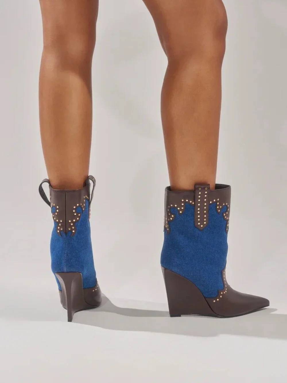 AKIRA AZALEA WANG TALLULAH DENIM WEDGE WESTERN BOOTIE Size 66 - Picture 4 of 6